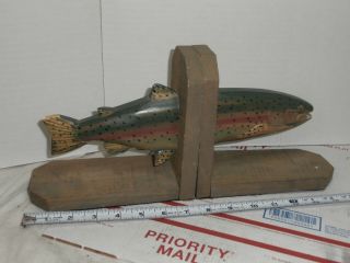 Vintage Wooden Trout Bookends Fish Nautical Fishing