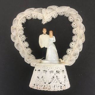 Vintage Wedding Cake Topper Bride Groom Plastic Lace 6” Tall