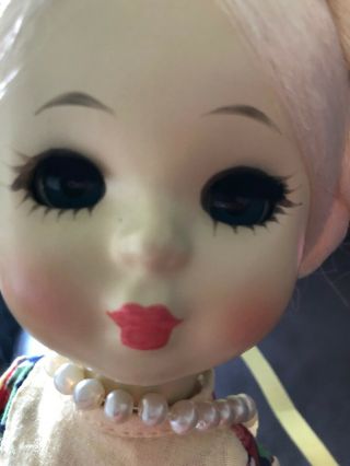 Vintage Hard Plastic Doll Blonde Hair Red White Crocheted Dress Retro Adorable