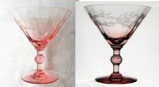 Pair 2 Two Antique Fry Floral Etch Cut Pink Sherbet Martini Glasses Optic Stem