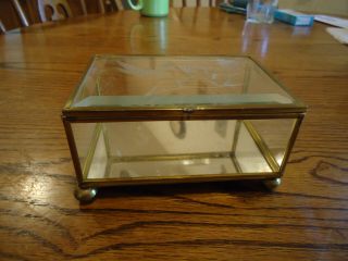 Vintage Brass And Beveled Glass Trinket Box Mirrored Bottom Etched Top