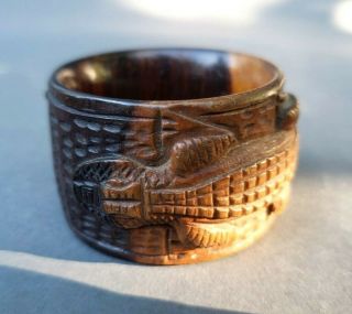 Antique Carved Wood Napkin Ring W Alligator