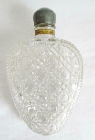 Antique Hobnail Cut Glass Perfume Bottle,  Floral Pewter Top Label Crystal Cologne