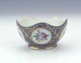 Antique German - Dresden - Porcelain Bowl - Miniature - Flowers & Cobalt Blue