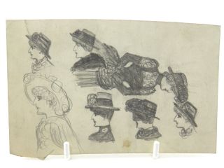 Antique 19th Century English School Pencil Drawing Portrait Studies Ladies