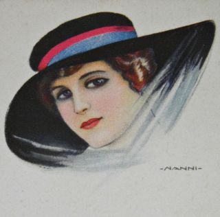 Nanni Signed Fashion Glamour Girl W Hat 21 - 2 Art Deco Portrait Postcard Antique
