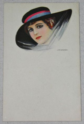 NANNI Signed FASHION GLAMOUR GIRL w HAT 21 - 2 Art Deco PORTRAIT POSTCARD Antique 2
