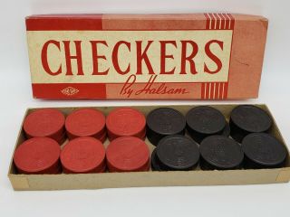 Checkers Set 24 Black Red Wood Embossed Antique Vintage Old Star Sphere Hal - Sam