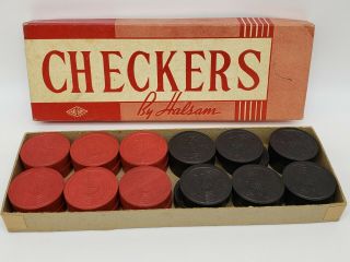 Checkers Set 24 Black Red Wood Embossed Antique Vintage Old Star Sphere Hal - Sam 2