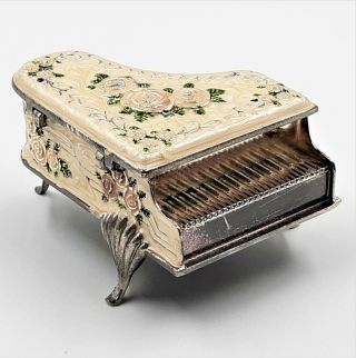 Baby Grand Piano Hinged Ceramic Trinket Box Metal Porcelain Flowers Velvet Lined