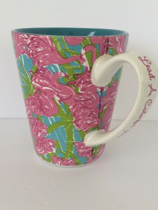 Lilly Pulitzer Pink Flamingo Print Teal Blue Inside Coffee Mug Tea