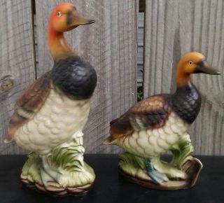 2 Mallard Duck Figurines Vintage Ceramic Pottery Mid Century Set Red Head Drakes