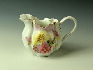 Antique Porcelain Unmarked Pitcher - Ivory W/pink & Yellow Flowers - Victorian