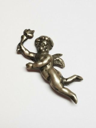 Vintage Antique Sterling Silver Winged Cherub Angel With Torch Pin Brooch