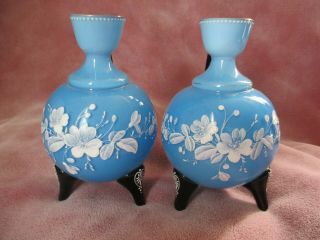 Pair Bristol Glass Baby Blue & Black Mary Gregory Floral Vases Candle Holders NR 2