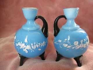 Pair Bristol Glass Baby Blue & Black Mary Gregory Floral Vases Candle Holders NR 3