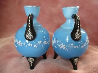 Pair Bristol Glass Baby Blue & Black Mary Gregory Floral Vases Candle Holders NR 4