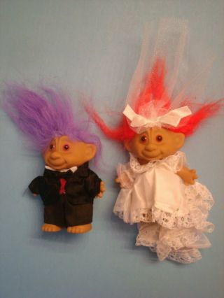 Vintage Bride And Groom Troll Dolls 5 " Tuxedo And Dress W Long Train Wedding