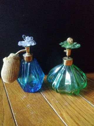 Vintage Antique Perfume Bottles Blue & Green Glass