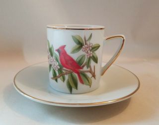 Mini Tea Cup And Saucer Cardinal Bird Flowering Tree Gold Trimmed Japan 02603