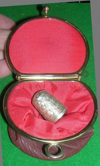 Antique Decorative Thimble In Folding Travelling Leather Case