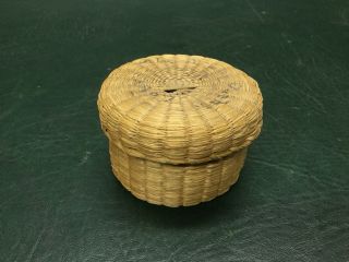 Antique Handmade Basket Tight Weave W/ Lid Trinket Box Jewelry Signed 1907