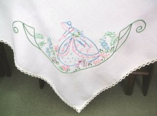 Vintage Linen Embroidered Crinoline Ladies Table Cloth