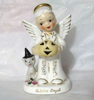 Reserved Vintage 1956 Napco October Halloween Angel Figurine W/cat Pumpkin