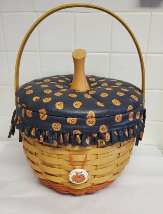 Longaberger Xlarge Pumpkin Basket W/ Boo Fabric Lid & Liner Plastic Liner Euc