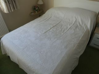 Double Vintage / Antique White Linen Bedspread With Jacquard Pattern