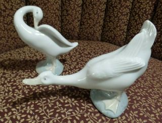 Pair 2 Lladro Swan Bird Figurines Spain Daisa & Nao Goose Geese Stretch & Curved