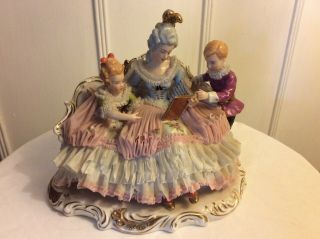 Vintage Dresden Porcelain Lace Figurine,  Lady W/children,  Made In Germany