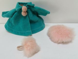 Vintage Ginny Doll Velvet Coat With Pink Rabbit Fur Hat And Muff