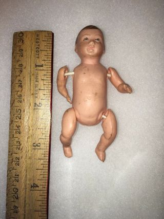 Antique Baby Doll Jointed Boy 3 " Tall Brown Hair Blue Eyes,  Light Wt Plastic
