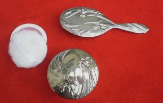 Vintage Art Nouveau Style Silver Plated Vanity Brush & Puff Powder Bowl Set