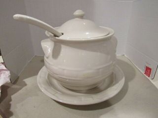 Longaberger Pottery Large Soup Tureen Bowl Plate Lid Ladle Ivory Usa -