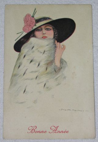 NANNI Signed BONNE ANNEE Art Deco FASHION GIRL Antique PORTRAIT POSTCARD Glamour 2