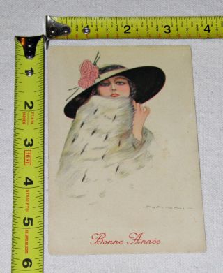 NANNI Signed BONNE ANNEE Art Deco FASHION GIRL Antique PORTRAIT POSTCARD Glamour 4