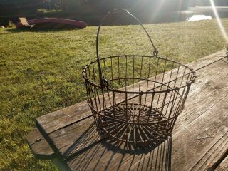 Antique Wire Egg Basket Very Early Farm House Garden Decor Bale Handle Large 15 "