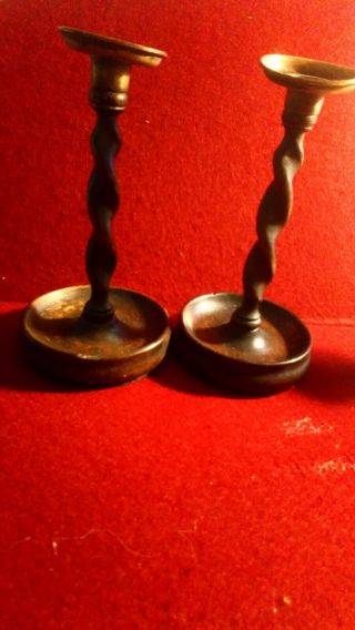Barley Twist Wooden Candlesticks,  With Brass Tops,  And Basie Attatched