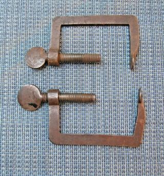 2 Antique Blacksmith Made Hand Forged Wrought Iron Clamps