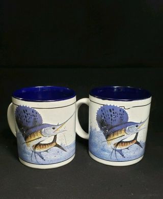 2 Marlin Fishing Coffee Mugs Cups Signed Horan