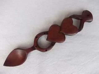 65 / Vintage Wooden Hand Carved Welsh Loving Spoon With Horseshoe And Hearts