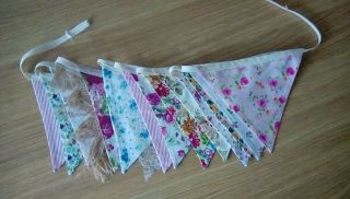 Vintage Style Handmade 15 Flag Double Sided Floral/lace/hessian/striped Bunting