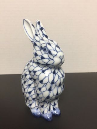 Herend Style Blue Fishnet Porcelain Hand - Painted Rabbit Bunny Rabbit Figurine