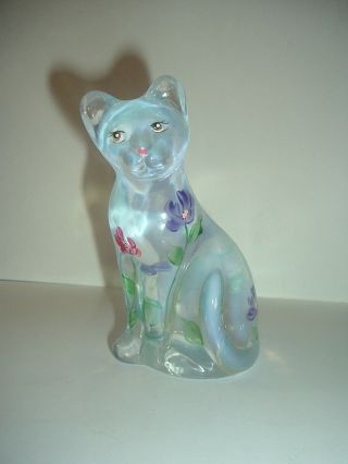 Fenton Lenox Cat Sitting Handpainted Artist Signed Opalescent Figurine