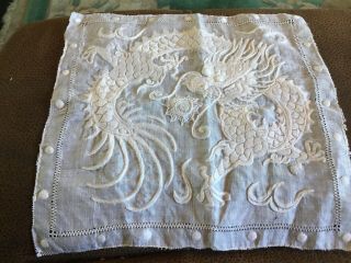 Vintage Embroidered Picture Panel Of Dragon On Fine Voile 8” Sq