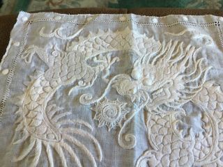 VINTAGE EMBROIDERED PICTURE PANEL OF DRAGON ON FINE VOILE 8” Sq 2