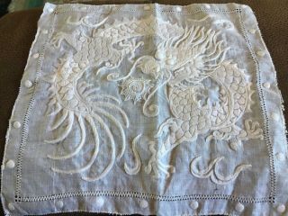 VINTAGE EMBROIDERED PICTURE PANEL OF DRAGON ON FINE VOILE 8” Sq 5