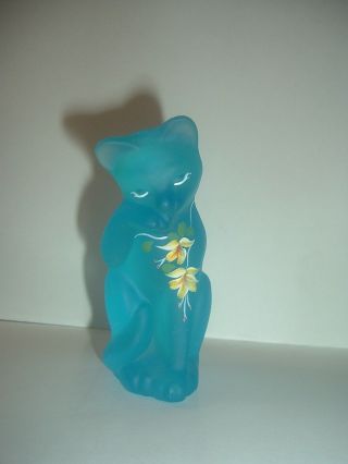 Fenton Lenox Cat Grooming Handpainted artist Signed Blue Figurine 5